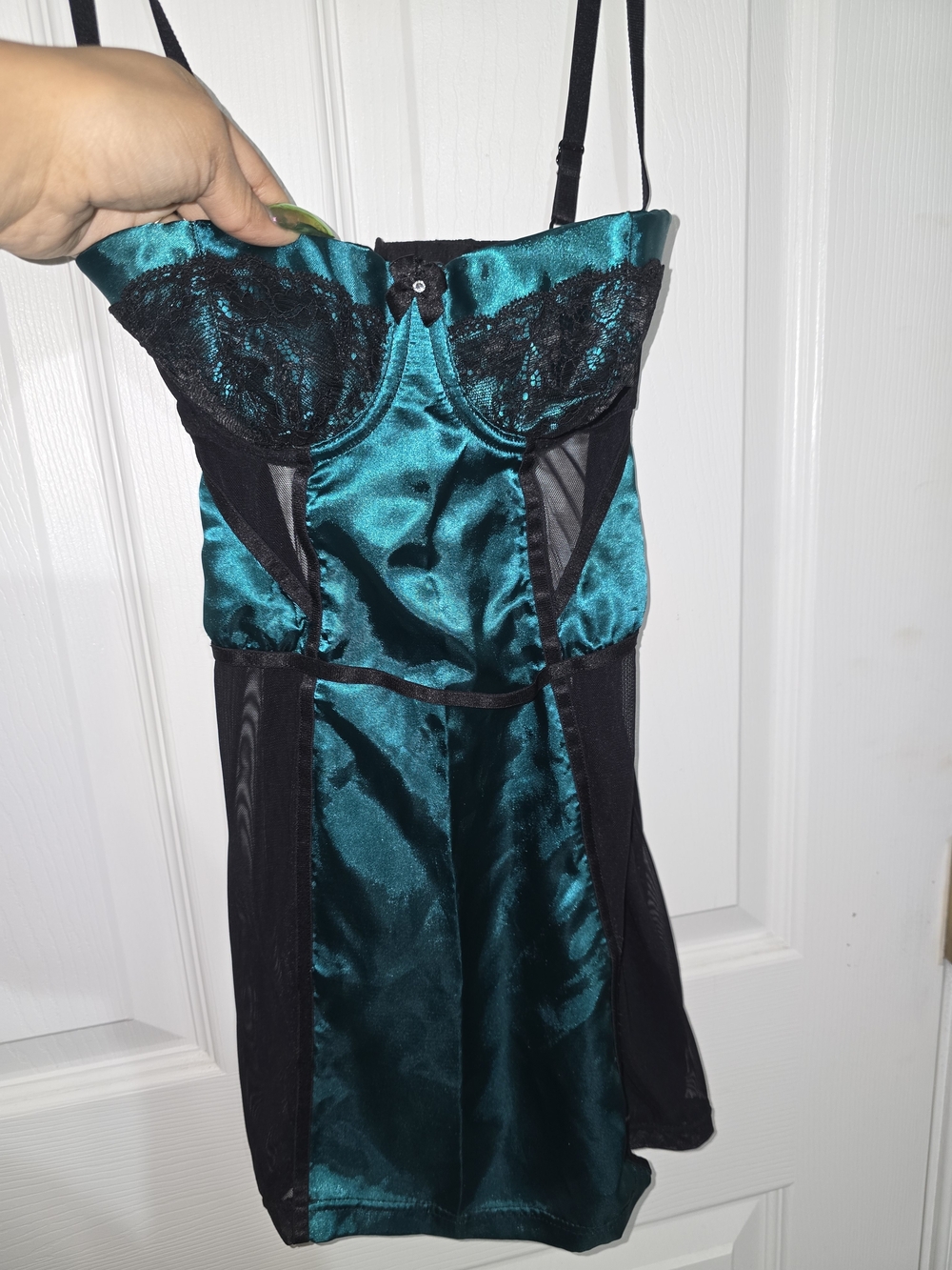 Frederick's of Hollywood Teal and Black Satin Lace Chemise Dress